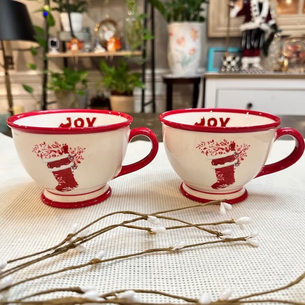 Starbucks Holiday 2007 "Joy" 296 ml ceramic coffee mugs Christmas Stockings 2pc